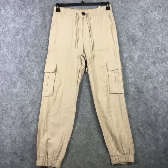 Zara Jogger Pants S Khaki Cargo Drawstring Tapered High Rise Casual Relaxed Tan - Picture 1 of 16